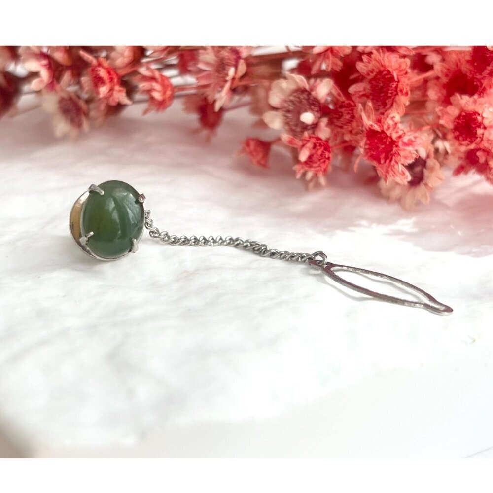 Faux Jade Stone Silver Toned Vintage Men's Tie Tack